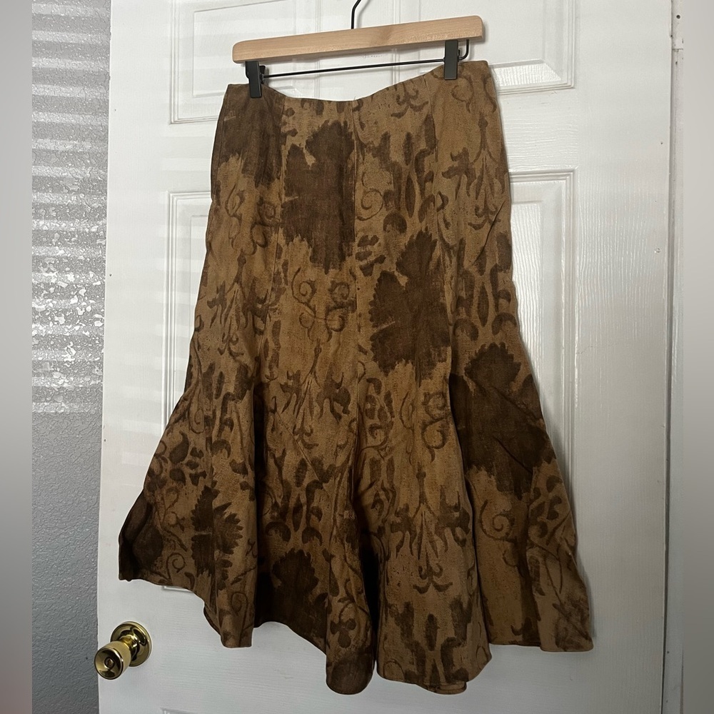 Ralph Lauren Tan and Brown Floral Midi linen Skirt